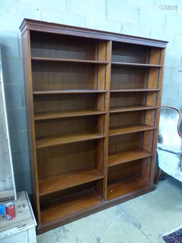 A reproduction mahogany open bookcase, width 152cm depth 30c...