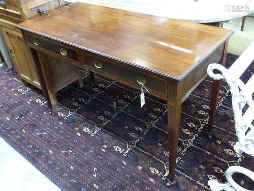 An Edwardian satinwood banded mahogany two drawer side table...