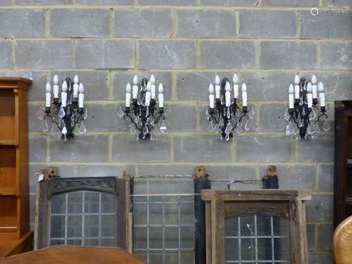 A set of six painted metal five branch wall lights, faceted ...