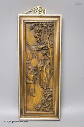 A Chinese figural composition panel, height 36cm width 12cm ...