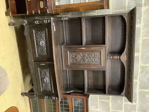 An 18th century style carved oak bow front dresser, length 1...