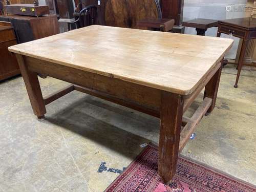 A 19th century rectangular pine two drawer kitchen table, wi...