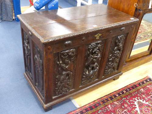 A 19th century Flemish carved oak coffer, length 89cm, depth...