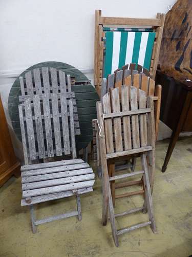 Six assorted weathered teak folding garden chairs, two simil...