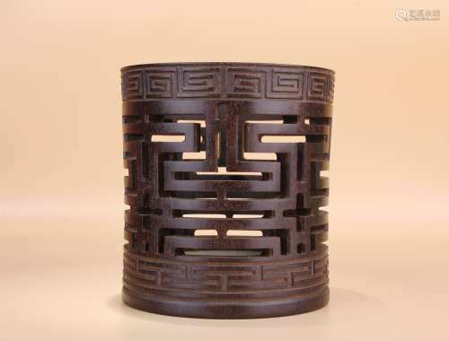 A Carved Longevity Pattern Red Sandalwood Brush Pot