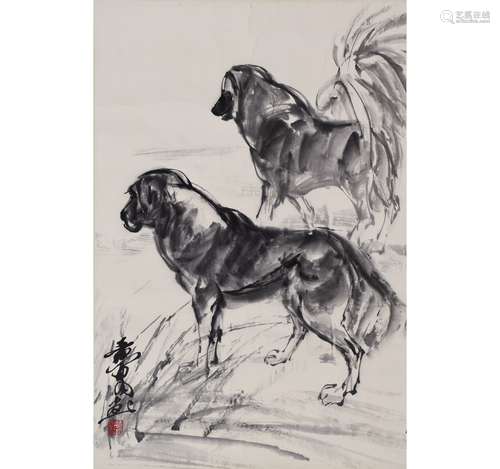 A Chinese Dogs Painting, Huang Zhou Mark