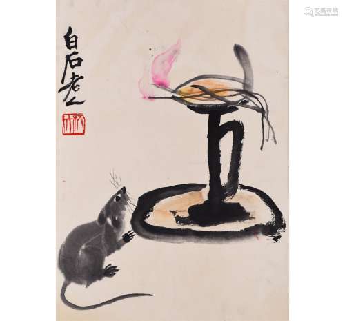 A Chinese Mouse with Candlestick Painting, Qi Baishi Mark