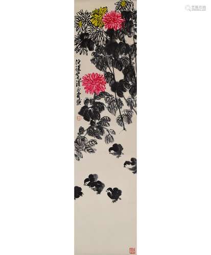 A Chinese Chicken with Chrysanthemum Painting, Qi Baishi Mar...