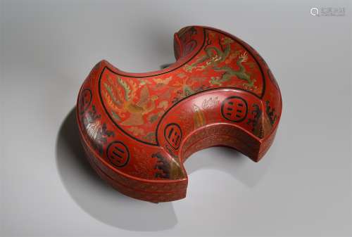 A Red Dragon and Phoenix Pattern Silver Ingot Shape Lacquer ...