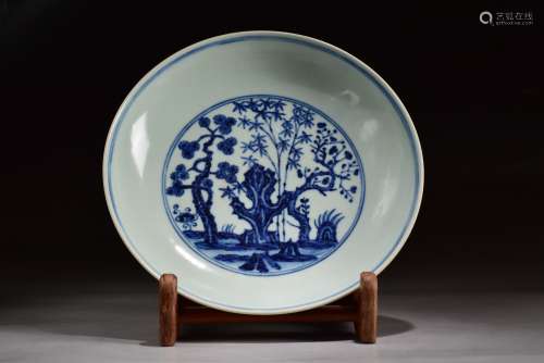 A Blue and White Flower with Tree Pattern Porcelain Bowl