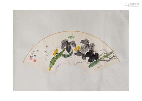 A Chinese Melon with Grasshopper Fun Painting, Wang Xutao Ma...