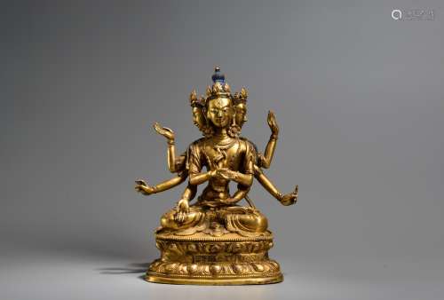 A Gilt Bronze Three Heads Siz Armed Buddha Figure Statue