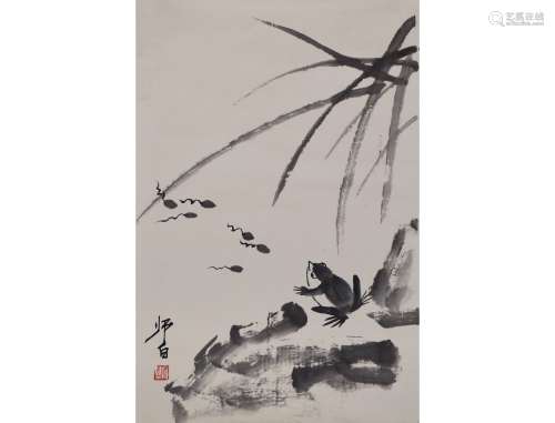 A Chinese Frog with Tadpole Painting, Lou Shibai Mark