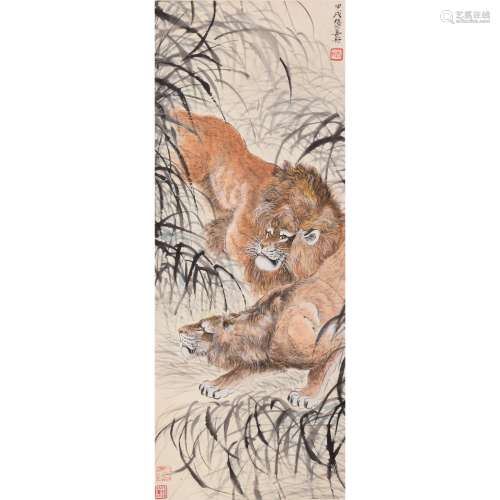A Chinese Double Lions Painting