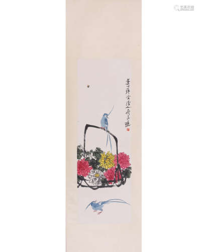 A Chinese Basket of Flower with Bird Painting, Qi Liangchi M...
