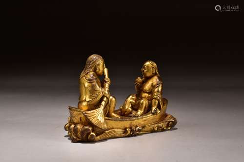 A Gilt Bronze Man with His Toad Figure Paper Weight