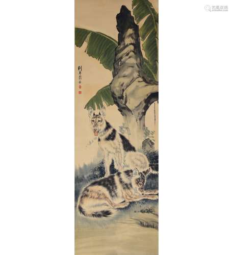 A Chinese Double Dogs Painting, Liu Kuiling Mark