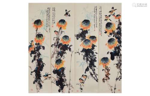 A Group of Four Bird with Flowers Painting, Zhao Shaoang Mar...