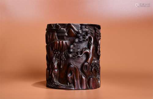 A Carved Character Story Wood Brush Pot