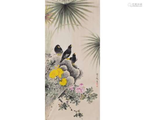 A Chinese Birds with Flower Painting, Yan Bolong Mark