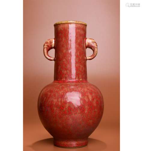 A Red Glazed Double Elephant Ears Porcelain Vase
