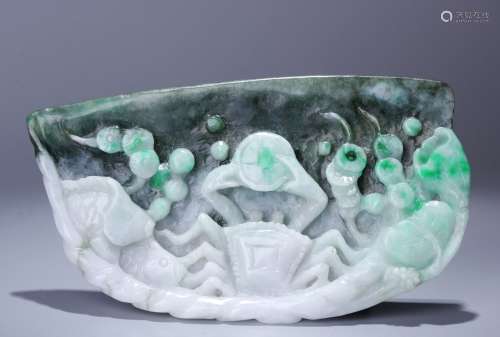A Carved Fish, Shell, Crack with Money Jadeite Ornament
