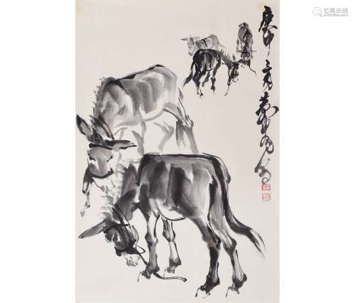 A Chinese Group of Donkey Painting, Huang Zhou Mark