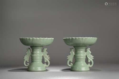 A Pair of Ru Ware Double Ear Lotus Shape Porcelain Candlesti...