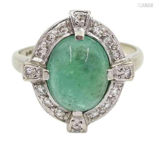 White gold Art Deco style cabochon emerald and diamond ring