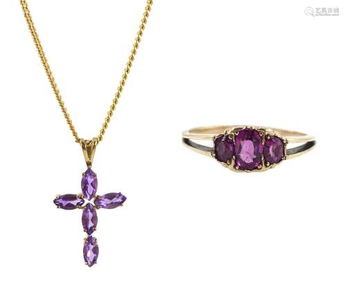 Gold amethyst cross pendant necklace and a gold amethyst rin...
