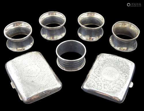 Two silver cigarette cases and five silver napkin rings