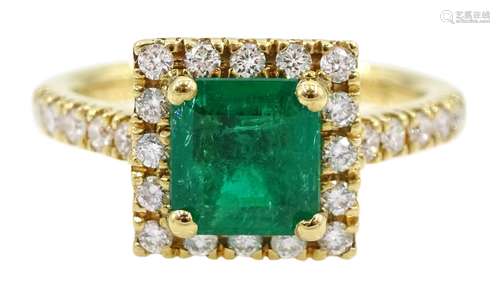 18ct gold square cut emerald and round brilliant cut diamond...