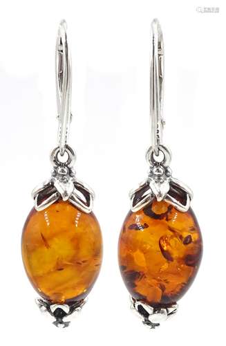 Pair of silver amber pendant earrings