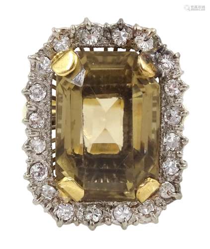 Gold emerald cut citrine/smoky quartz and diamond ring