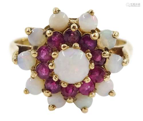 9ct gold opal and ruby cluster ring