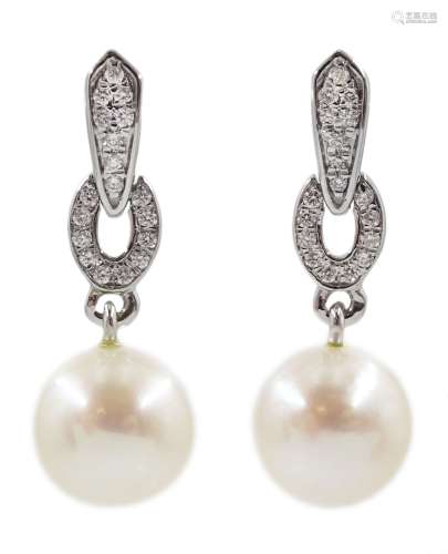 Pair of 9ct white gold pearl and diamond pendant earrings