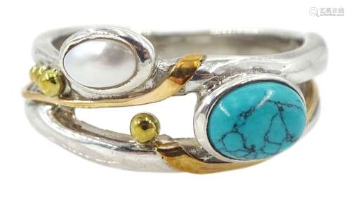Silver and 14ct gold wire turquoise and pearl ring