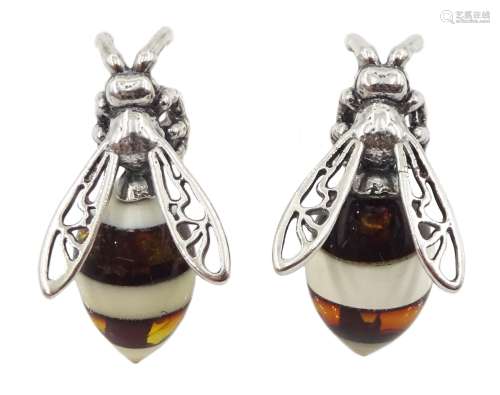 Pair of silver amber bee stud earrings