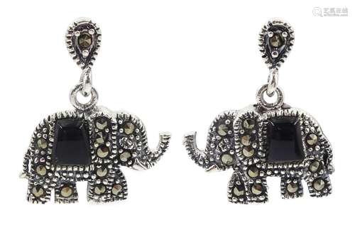 Silver black onyx and marcasite elephant stud earrings