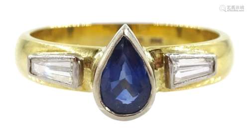 18ct gold pear shape sapphire and tapered baguette diamond r...