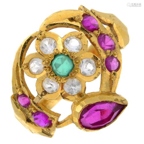 A cubic zirconia, synthetic ruby and synthetic emerald flora...