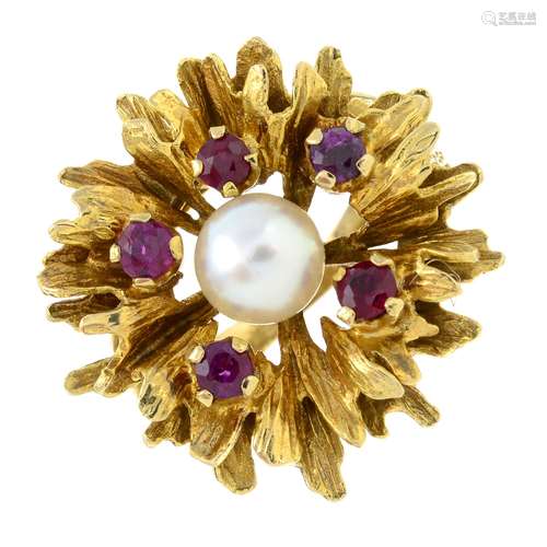 A 1960's 9ct gold cultured pearl and ruby abstract flower dr...