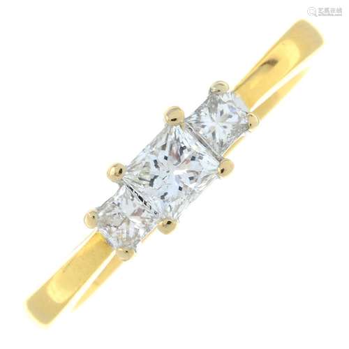 An 18ct gold diamond three-stone ring.Estimated total diamon...