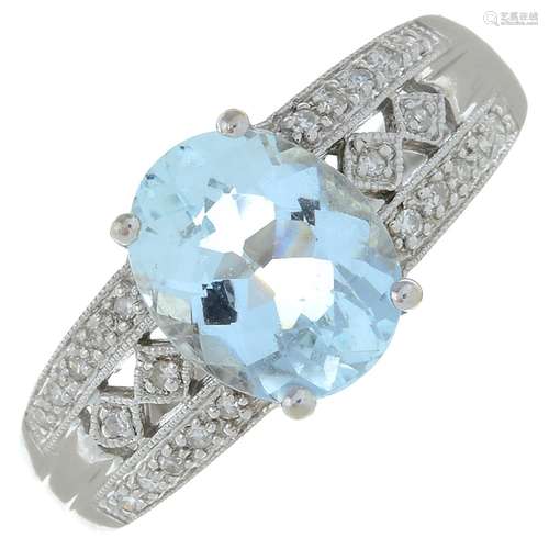 An aquamarine and single-cut diamond ring.Stamped 14K.Ring s...