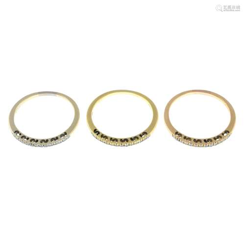 Three 18ct gold diamond band rings,