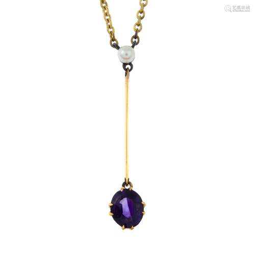 A 9ct gold amethyst and seed pearl pendant,