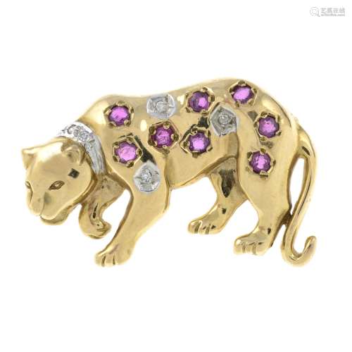 A 9ct gold ruby and diamond leopard brooch.Hallmarks for 9ct...