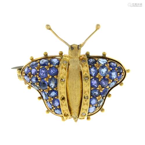 A sapphire and rose-cut diamond butterfly brooch.Two diamond...