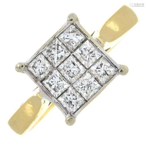 An 18ct gold square-shape diamond cluster ring.Estimated tot...