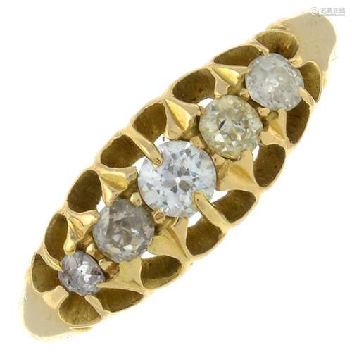 An 18ct gold vari-cut diamond five-stone ring.Estimated tota...